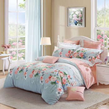水星家纺 全棉四件套纯棉 田园花卉床单被罩被套床上用品套件 加大双人1.8米床 百花仙子