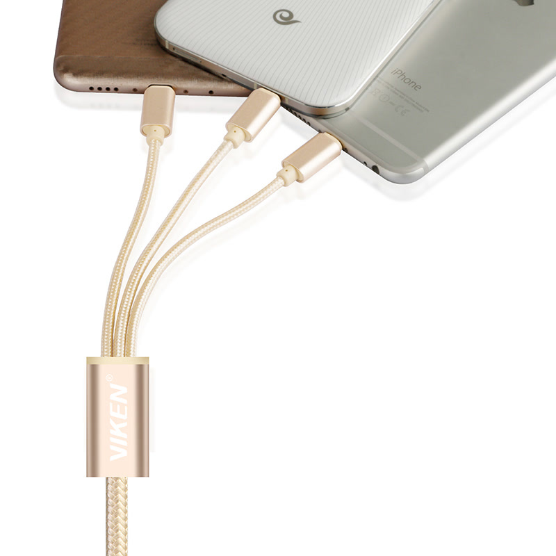 维肯 三合一尼龙充电线 金色 type-C安卓 苹果iPhone5/6 三接口