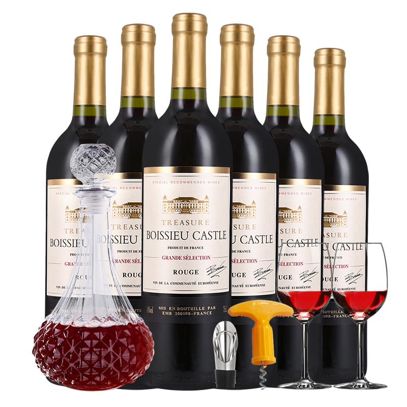 法国原瓶进口稀有14度红酒古堡干红葡萄酒6支装（750ml*6）送酒具